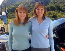 Ford's Elizabeth Baron (right) with her driving double during the commercial shoot in Thousand Oaks, Calif. 